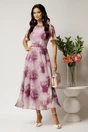Rochie DY Fashion lunga roz pudrat cu imprimeu floral mov din voal in croi clos, 3, dyfashion.ro