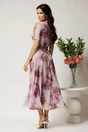 Rochie DY Fashion lunga roz pudrat cu imprimeu floral mov din voal in croi clos, 2, dyfashion.ro