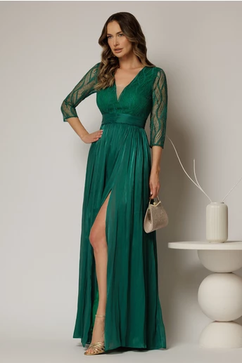 Rochie DY Fashion lunga verde de seara cu bustul din dantela