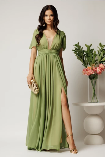 Rochie DY Fashion lunga verde fistic din voal in clos cu strasuri si tull la decolteu