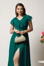 Rochie DY Fashion lunga verde in clos din voal cu volanas la bust si crapatura pe picior, 2, dyfashion.ro