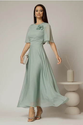 Rochie DY Fashion lunga verde menta din voal cu fir lurex in clos cu accesoriu la bust