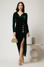 Rochie DY Fashion lunga verdea din catifea cu slit si nasturi decorativi, 1, dyfashion.ro