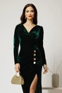 Rochie DY Fashion lunga verdea din catifea cu slit si nasturi decorativi, 3, dyfashion.ro