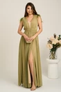 Rochie DY Fashion lunga vernil din voal in clos cu pene la umeri, 1, dyfashion.ro