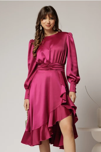 Rochie DY Fashion magenta din satin plin cu croi asimetric