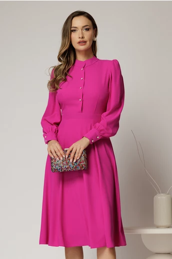Rochie DY Fashion magenta din triplu voal cu guler tunica si nasturi tip floare
