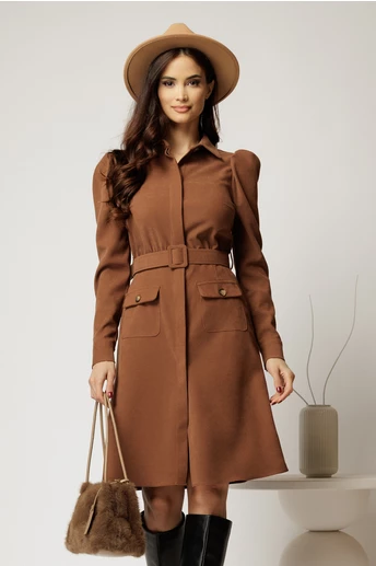Rochie DY Fashion maro din catifea reiata tip camasa si curea in talie