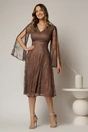 Rochie DY Fashion maro din dantela cu maneci lungi crapate si decolteu in V, 3, dyfashion.ro