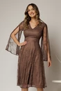Rochie DY Fashion maro din dantela cu maneci lungi crapate si decolteu in V, 1, dyfashion.ro