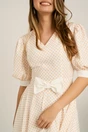 Rochie DY Fashion midi alb in clos cu buline galbene si funda in talie, 3, dyfashion.ro