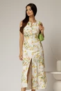 Rochie DY Fashion midi alba cu imprimeuri din in cu nasturi pe bust fara maneci, 1, dyfashion.ro