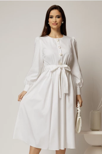 Rochie DY Fashion midi alba din bumbac cu nasturi pe bust si cordon in talie