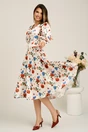 Rochie DY Fashion midi alba din satin in clos cu flori colorate si funda in talie, 4, dyfashion.ro