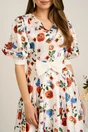 Rochie DY Fashion midi alba din satin in clos cu flori colorate si funda in talie, 3, dyfashion.ro