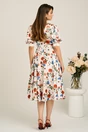 Rochie DY Fashion midi alba din satin in clos cu flori colorate si funda in talie, 2, dyfashion.ro