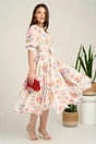 Rochie DY Fashion midi alba din voal in clos cu print floral roz si funda in talie, 4, dyfashion.ro