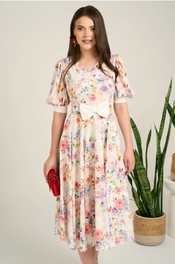 Rochie DY Fashion midi alba din voal in clos cu print floral roz si funda in talie