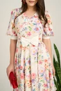 Rochie DY Fashion midi alba din voal in clos cu print floral roz si funda in talie, 3, dyfashion.ro