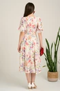Rochie DY Fashion midi alba din voal in clos cu print floral roz si funda in talie, 2, dyfashion.ro