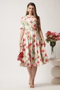 Rochie DY Fashion midi alba in clos din triplu voal cu flori rosii si curea in talie, 3, dyfashion.ro