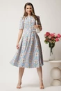 Rochie DY Fashion midi alba in clos din triplu voal cu print albastru si curea in talie, 3, dyfashion.ro