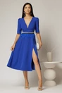 Rochie DY Fashion midi albastra cu cordon cu pene si perle in talie, 3, dyfashion.ro