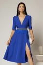 Rochie DY Fashion midi albastra cu cordon cu pene si perle in talie, 1, dyfashion.ro