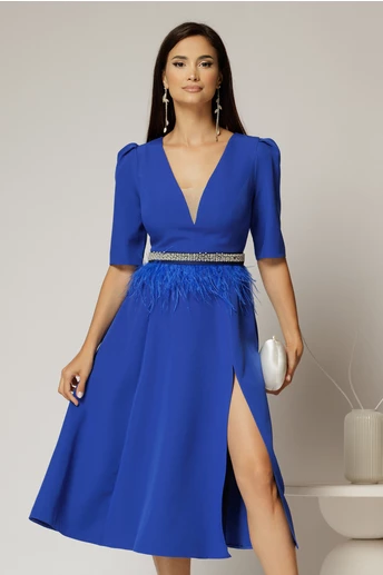 Rochie DY Fashion midi albastra cu cordon cu pene si perle in talie