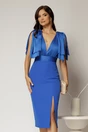 Rochie DY Fashion midi albastra cu croi conic si funde ample pe umeri, 1, dyfashion.ro