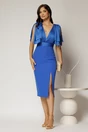 Rochie DY Fashion midi albastra cu croi conic si funde ample pe umeri, 3, dyfashion.ro