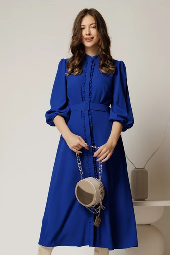 Rochie DY Fashion midi albastra cu maneci bufante si curea in talie