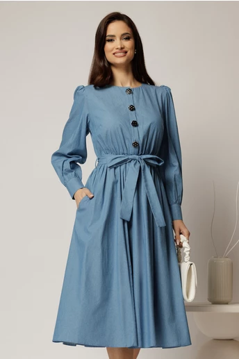 Rochie DY Fashion midi albastra din bumbac cu nasturi pe bust si cordon in talie
