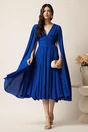 Rochie DY Fashion midi albastra din voal in clos cu nasturi si maneci ample, 3, dyfashion.ro