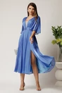 Rochie DY Fashion midi albastra din voal in clos cu tull la decolteu si crapatura pe picior, 3, dyfashion.ro