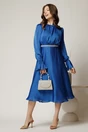 Rochie DY Fashion midi albastra din voal satinat in clos cu perle in talie, 3, dyfashion.ro