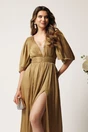 Rochie DY Fashion midi aurie din voal in clos cu tull la decolteu si crapatura pe picior, 4, dyfashion.ro