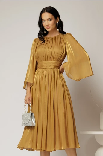 Rochie DY Fashion midi aurie din voal peliculizat cu maneci ample