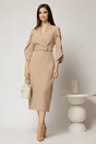Rochie DY Fashion midi bej conica cu decolteu petrecut si maneci lalea, 3, dyfashion.ro