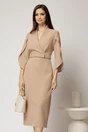 Rochie DY Fashion midi bej conica cu decolteu petrecut si maneci lalea, 1, dyfashion.ro