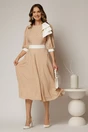 Rochie DY Fashion midi bej cu buline si funda ampla pe umar, 3, dyfashion.ro