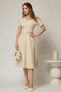 Rochie DY Fashion midi bej cu decolteu in V si curea in talie, 3, dyfashion.ro