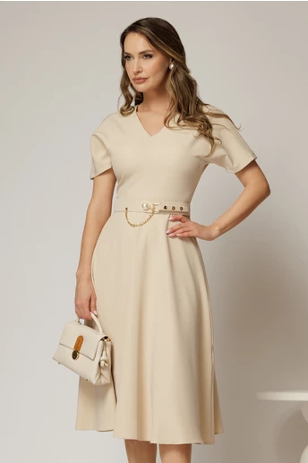 Rochie DY Fashion midi bej cu decolteu in V si curea in talie