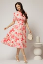 Rochie DY Fashion midi bej cu imprimeu corai in clos din triplu voal cu nasturi la bust si curea in talie, 3, dyfashion.ro