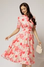 Rochie DY Fashion midi bej cu imprimeu corai in clos din triplu voal cu nasturi la bust si curea in talie, 1, dyfashion.ro
