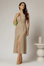 Rochie DY Fashion midi bej din in cu nasturi pe bust fara maneci, 3, dyfashion.ro