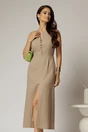 Rochie DY Fashion midi bej din in cu nasturi pe bust fara maneci, 1, dyfashion.ro