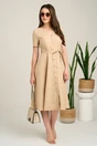 Rochie DY Fashion midi bej din material fluid in clos cu nasturi si cordon in talie, 4, dyfashion.ro