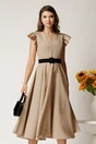 Rochie DY Fashion midi bej din stofa in clos cu buline si curea in talie, 1, dyfashion.ro