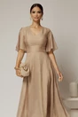 Rochie DY Fashion midi bej din tencel cu insertii sidefate, 3, dyfashion.ro